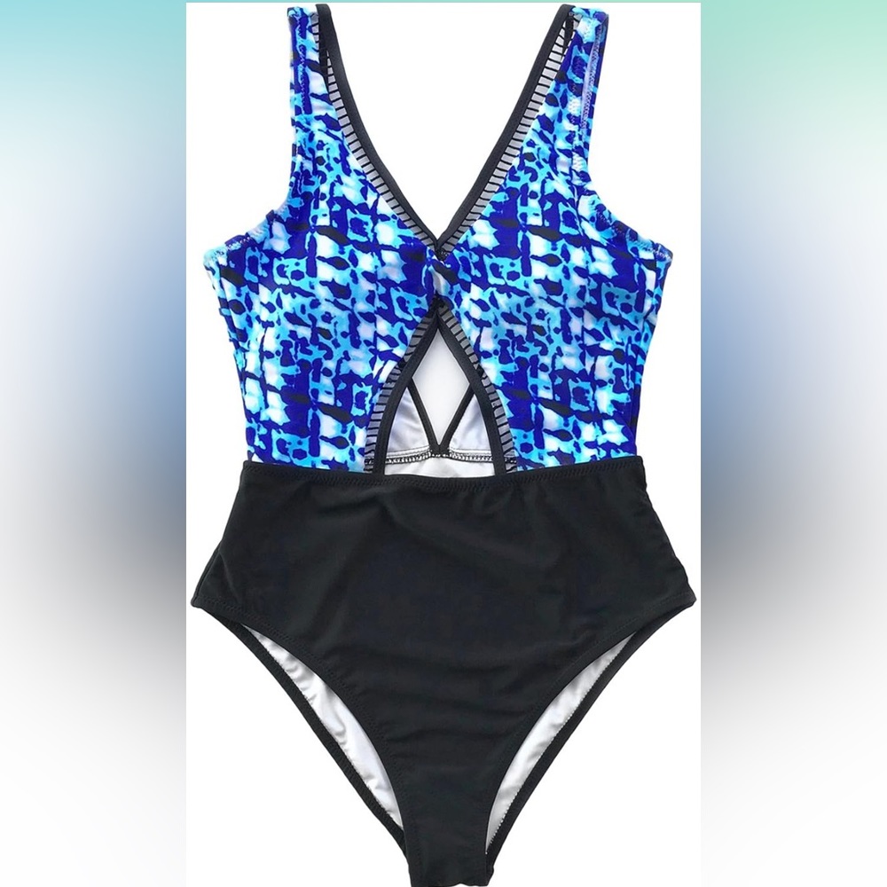 NWT- CUPSHE Blue Danube Tie-dye One-piece Swimsuit - M / Blue/Black
